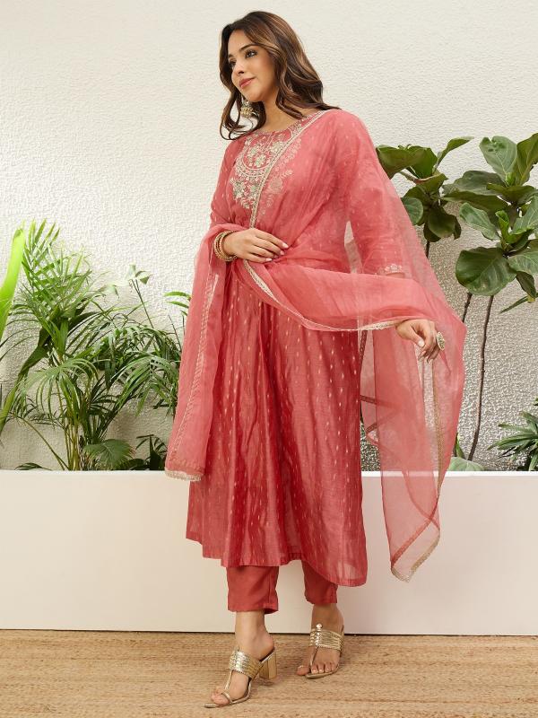 VP 9862 P Women’s Chanderi A Line Kurta Pent Dupatta Sets with Embroidery Work | 3pcs Ethnic Set